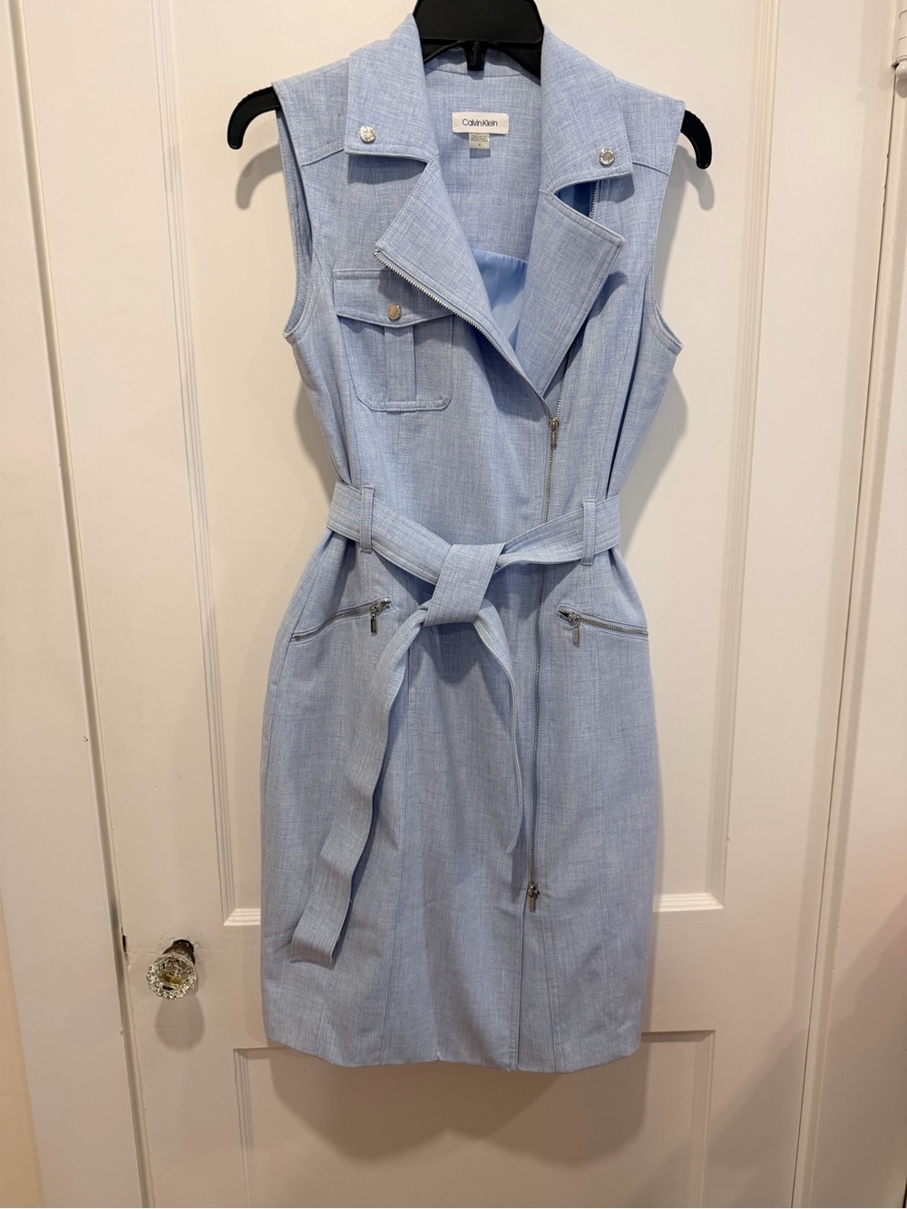 Calvin Klein Pale Blue Sleeveless Zip Dress with Belt